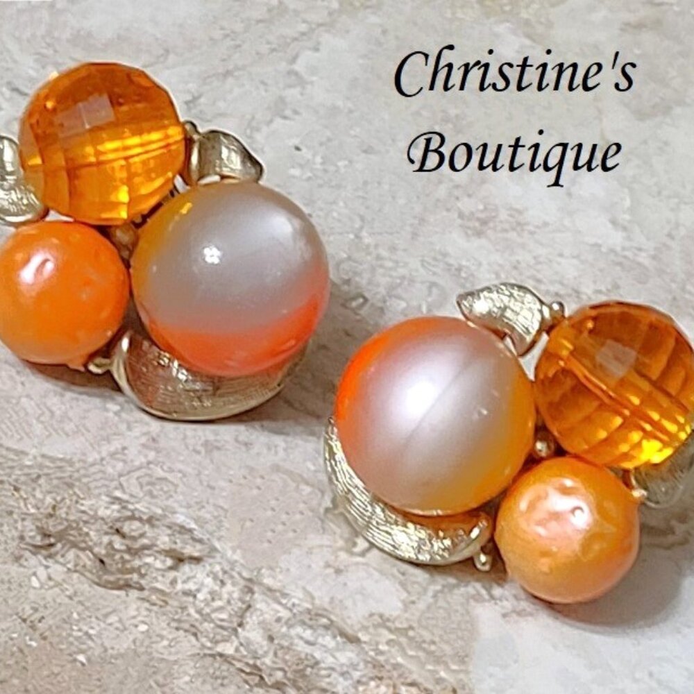 Sunkiss Orange Lucite Faceted Stones with Faux Pearl Set on Goldtone - Clip Back